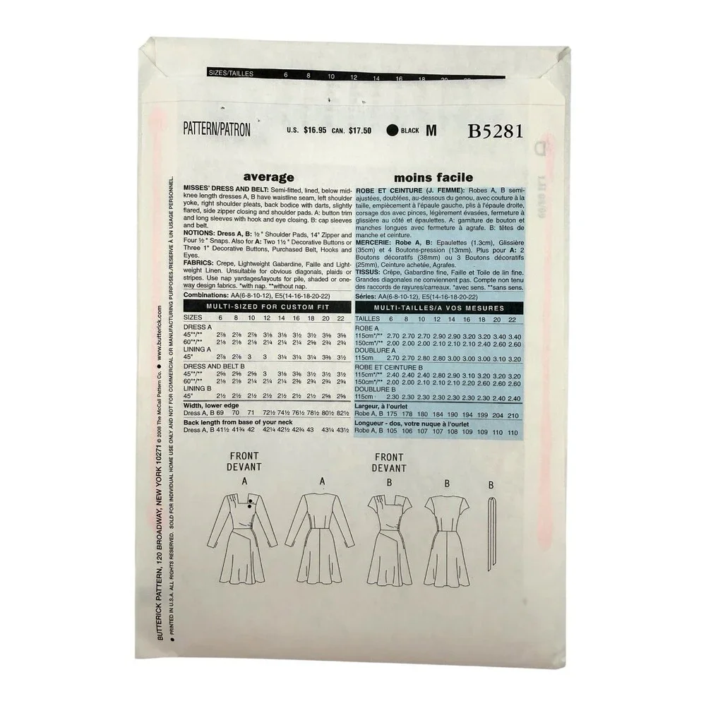 2008 Butterick Retro '46 Sewing Pattern Misses Dress & Belt Sizes 6-12 #B5281